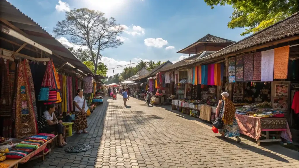 A Balinese art market street lined with stalls of textiles, carvings and paintings