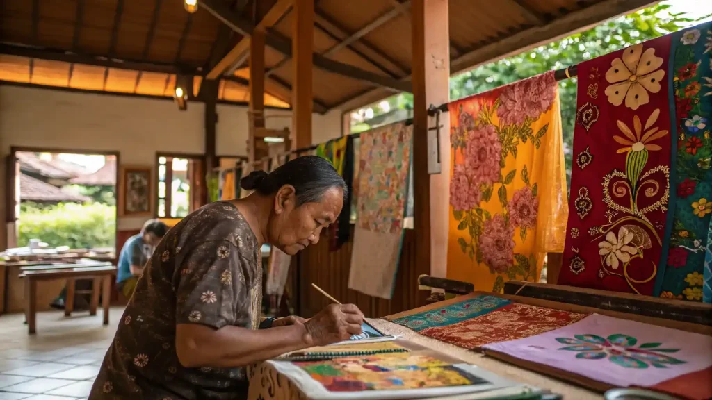 A Balinese artisan drawing hot wax onto cloth with a canting