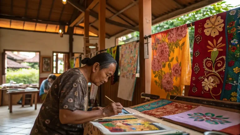 A Balinese artisan drawing wax onto cloth with a canting, finished batik panels hanging behind