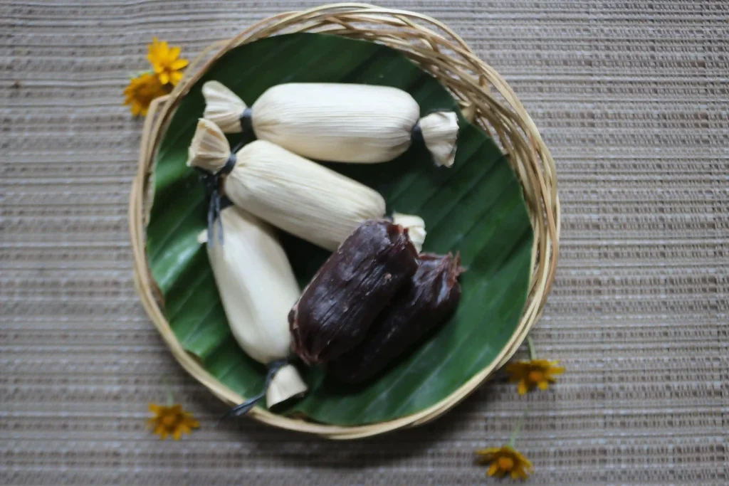 Wrapped dodol Bali in a woven bamboo basket