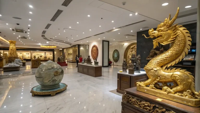 Carved and gilded pieces displayed on plinths in a Bali gallery showroom