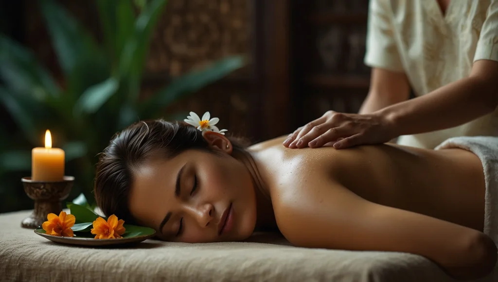 A therapist working with a warm herbal poultice during a Balinese massage