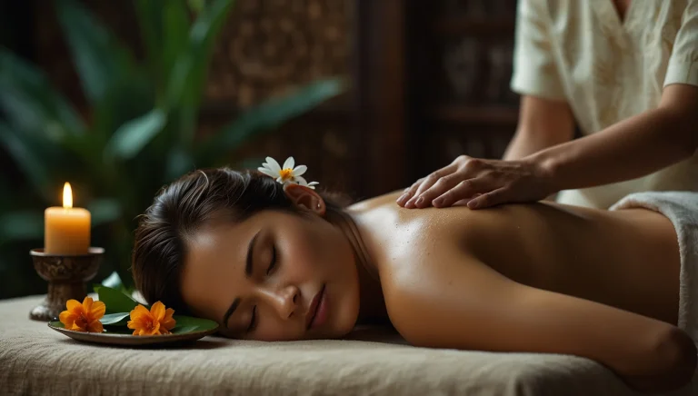 A therapist working with a warm herbal poultice during a Balinese massage