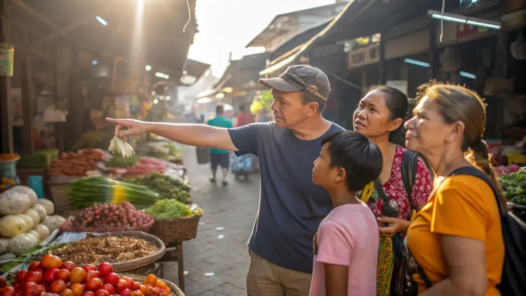 Shoppers at a Balinese traditional market stall stacked with fruit and vegetables